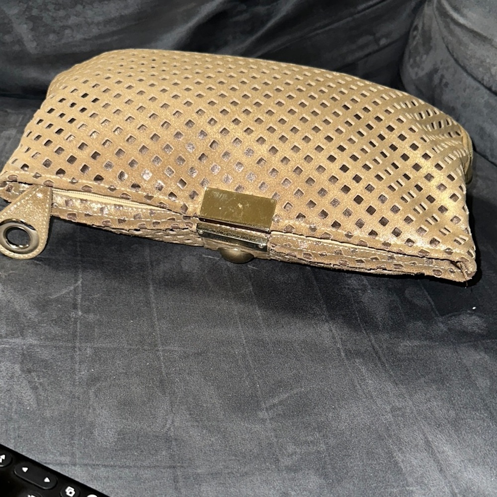 Jimmy Choo Gold Shimmer Perforated Suede Clutch with Gold Hardware - Picture 3 of 5
